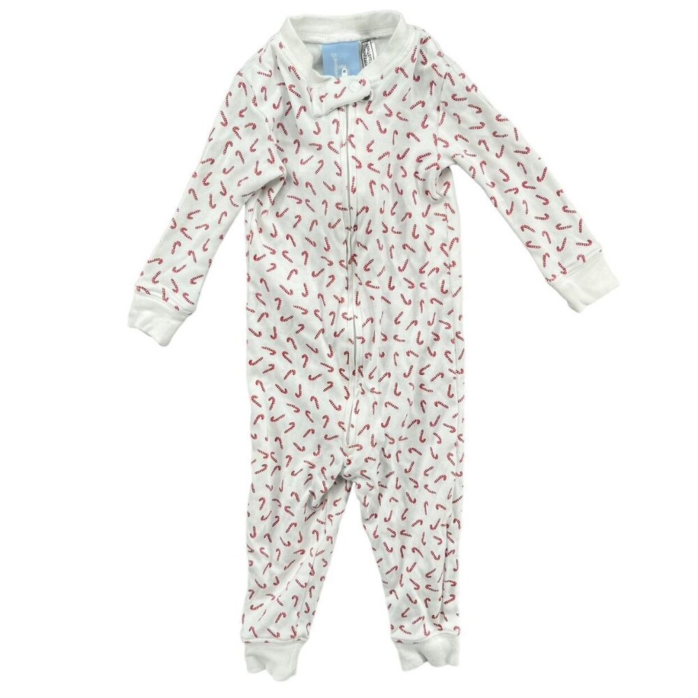 Bella Bliss Christmas One Piece Baby White Red Candy Cane Print Zip Up Sz 12-18M
